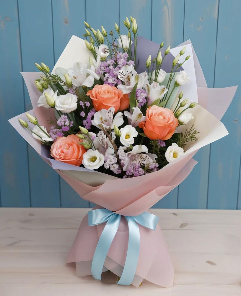 Букет цветов из: Лизиантусы, Розы, Альстромерии и Гипсофила в Рудничный Кировской области