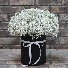 Цветочная композиция из Гипсофила в шляпной коробке в Рудничный Кировской области