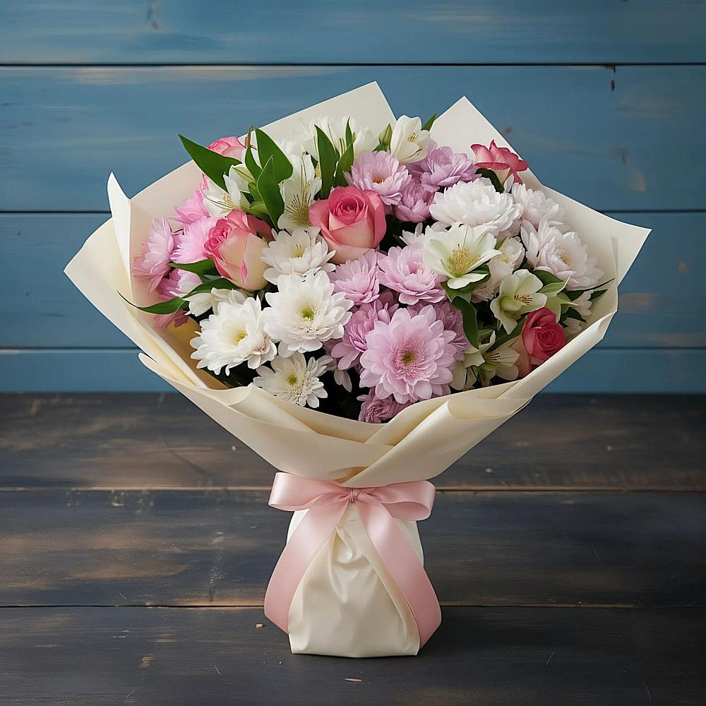 Букет цветов из: Хризантемы, Альстромерии и Розы в Рудничный Кировской области